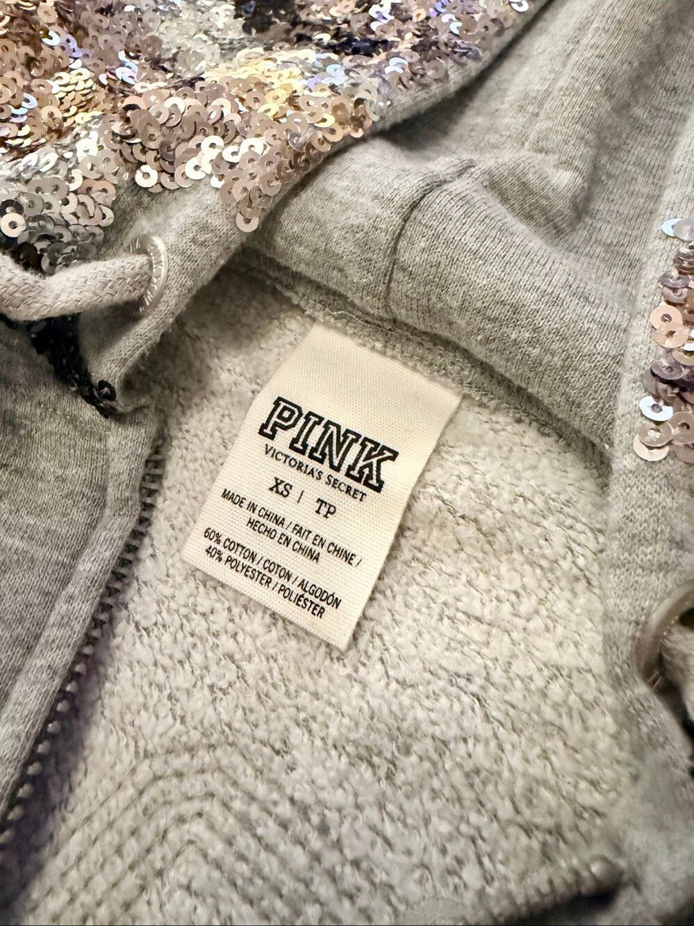 PINK Victoria’s Secret Gray Sequin Zebra Hood Zip-Up Hoodie XS - Y2K - Picture 7 of 10